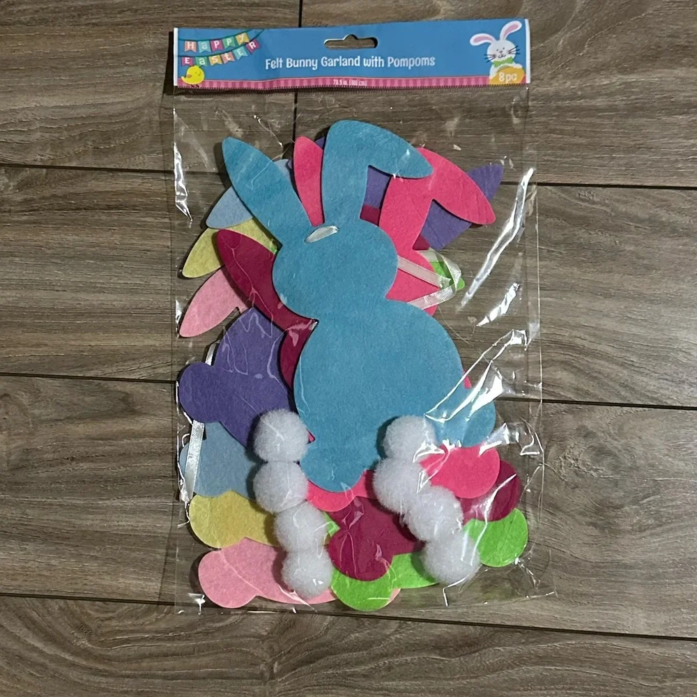 5.9ft Pre-strung Multicolor Felt Easter Bunny Garland Banner with Pom Pom Tails